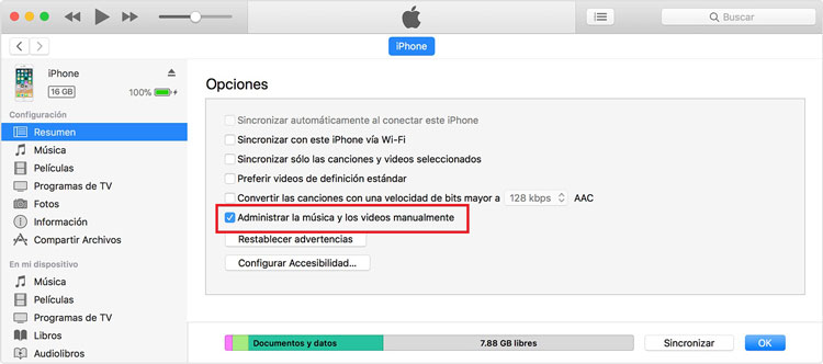 administrar musicas y videos manuelmente