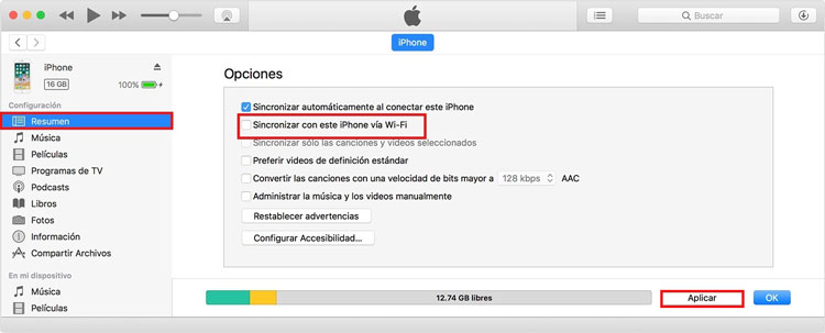 sincronizar itunesy iphone via wifi