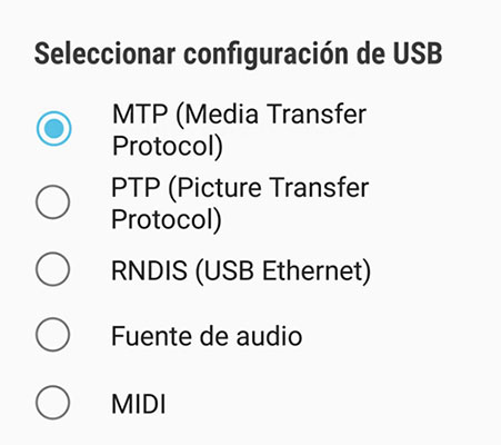 seleccione usb configuración