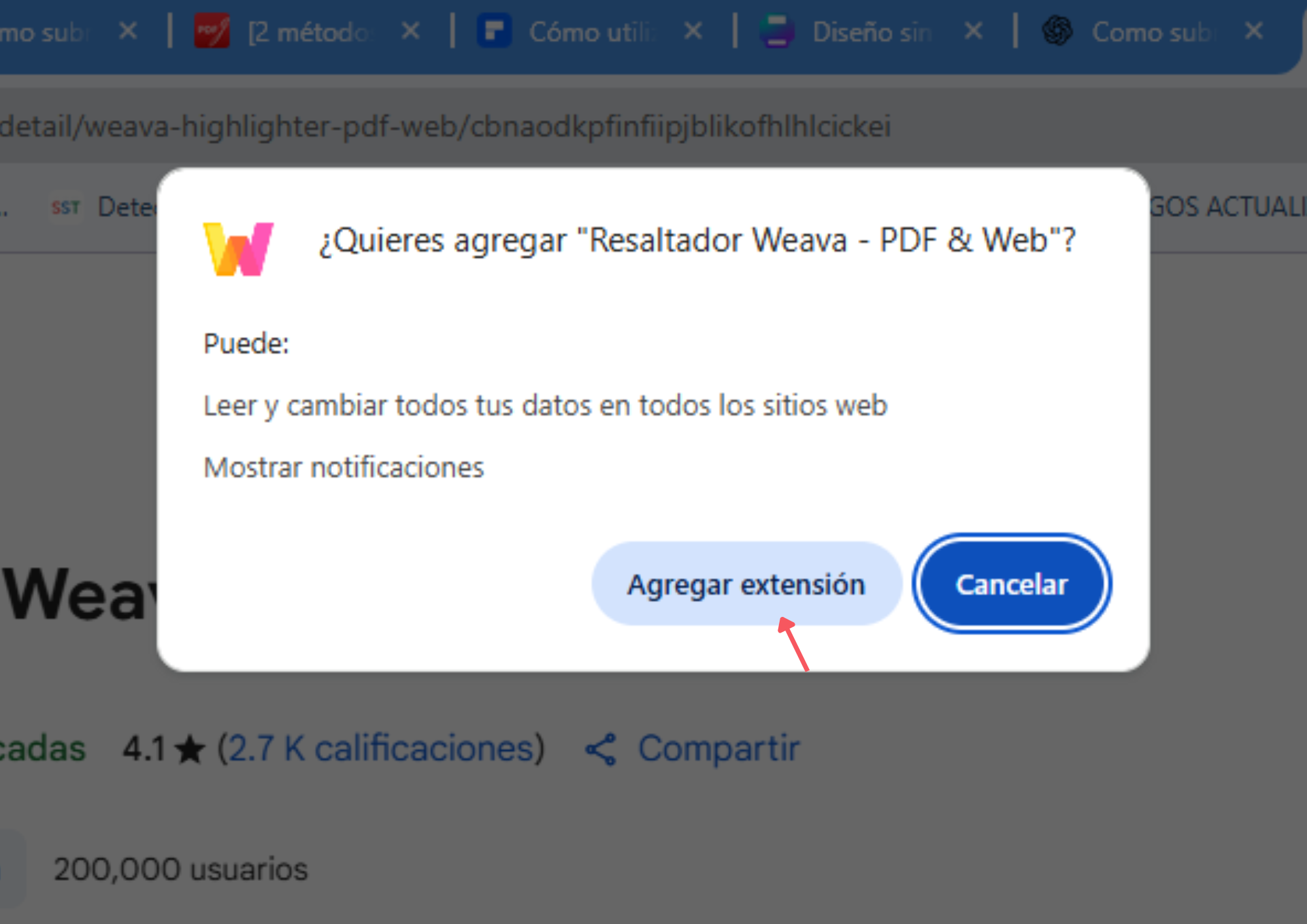 confirmar instalación weava para subrayar pdf en chrome paso 4