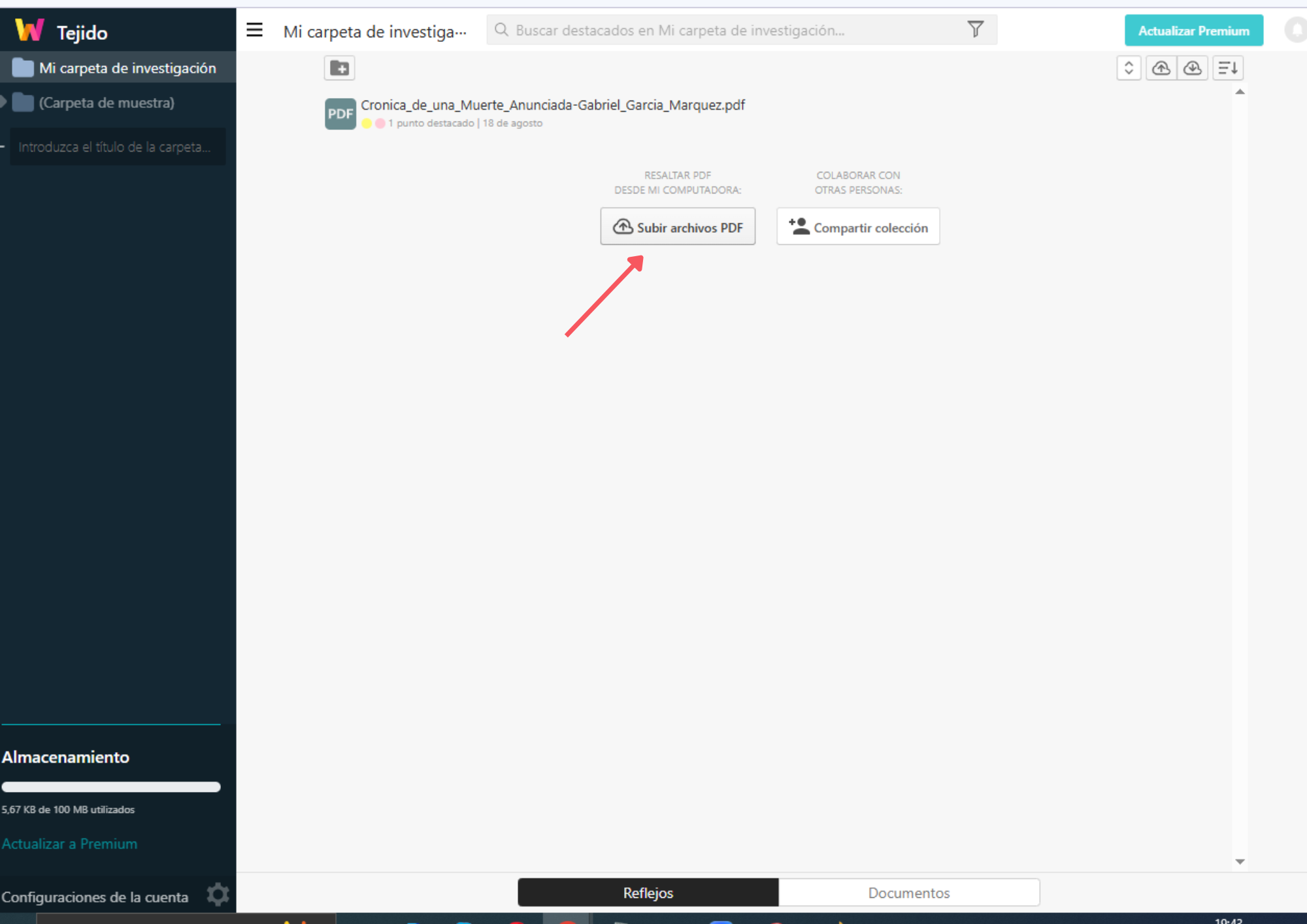 subir documento para subrayar pdf con weava en chrome paso 3