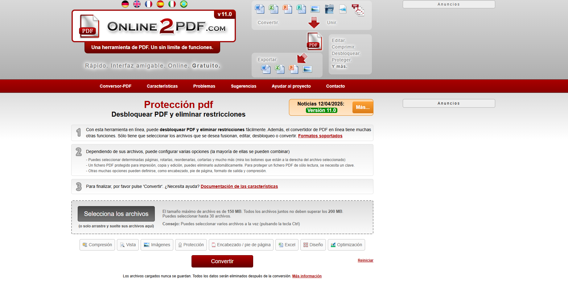 editar un PDF protegido con contraseña usando online2pdf