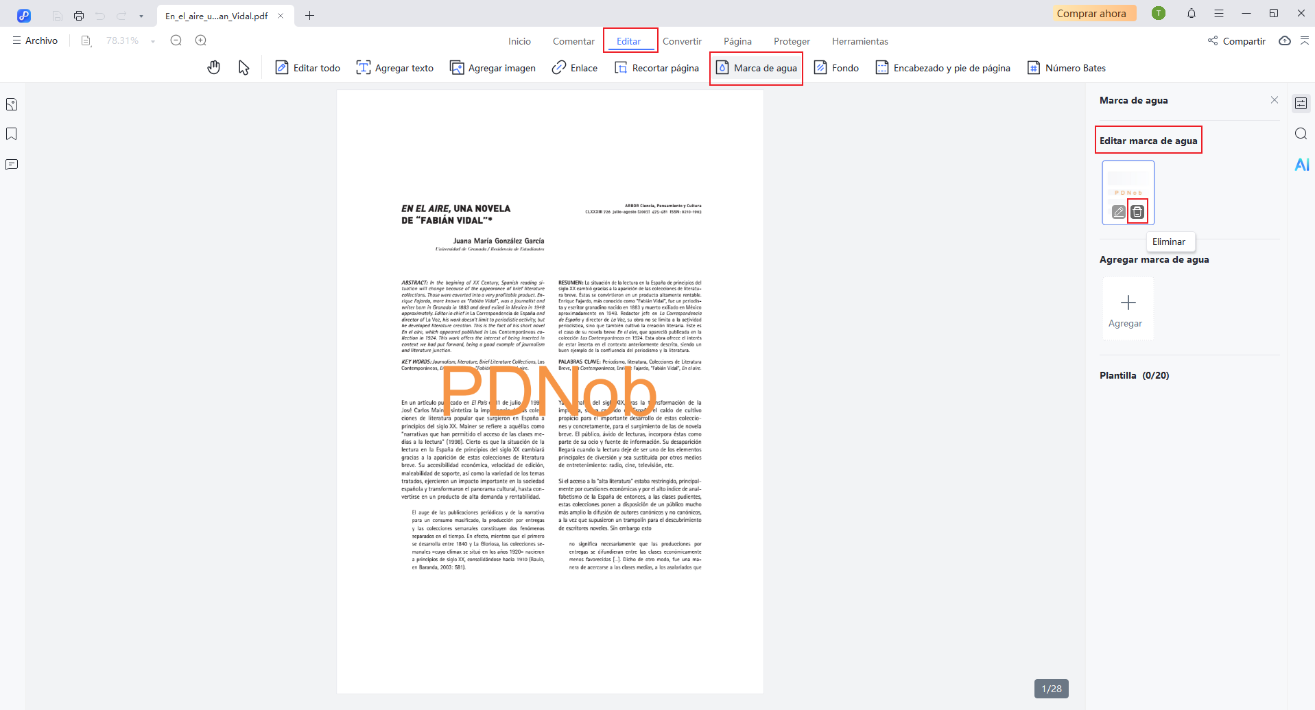 eliminar marca de agua de pdf con pdnob pdf editor