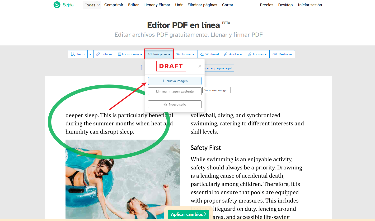 insertar imagen en pdf con sejda