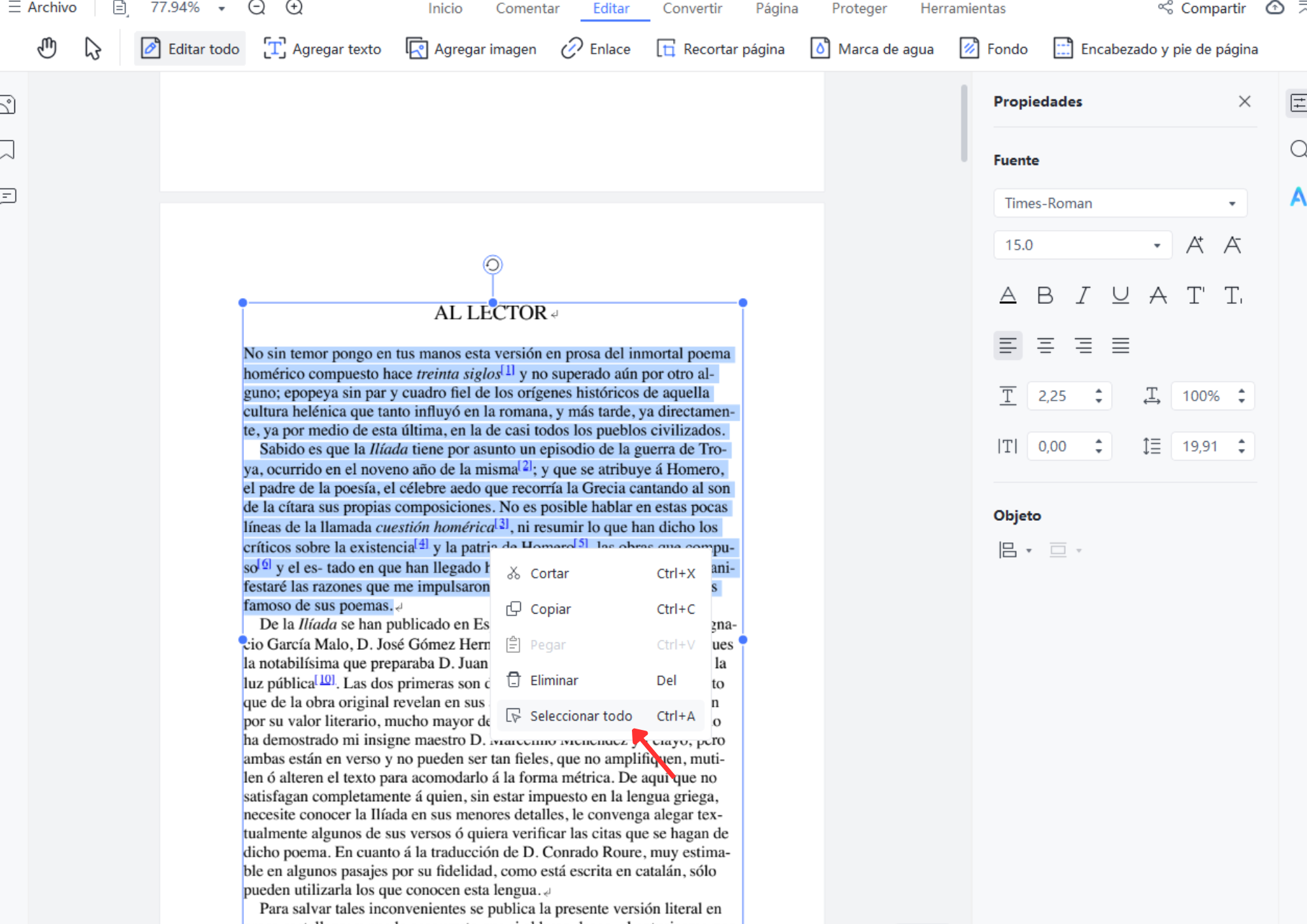 seleccionar todo el texto de un pdf