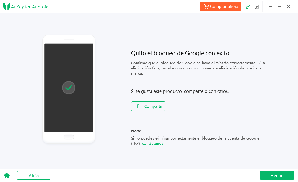 éxito al saltar el bloqueo FRP de Google con Tenorshare 4uKey para Android