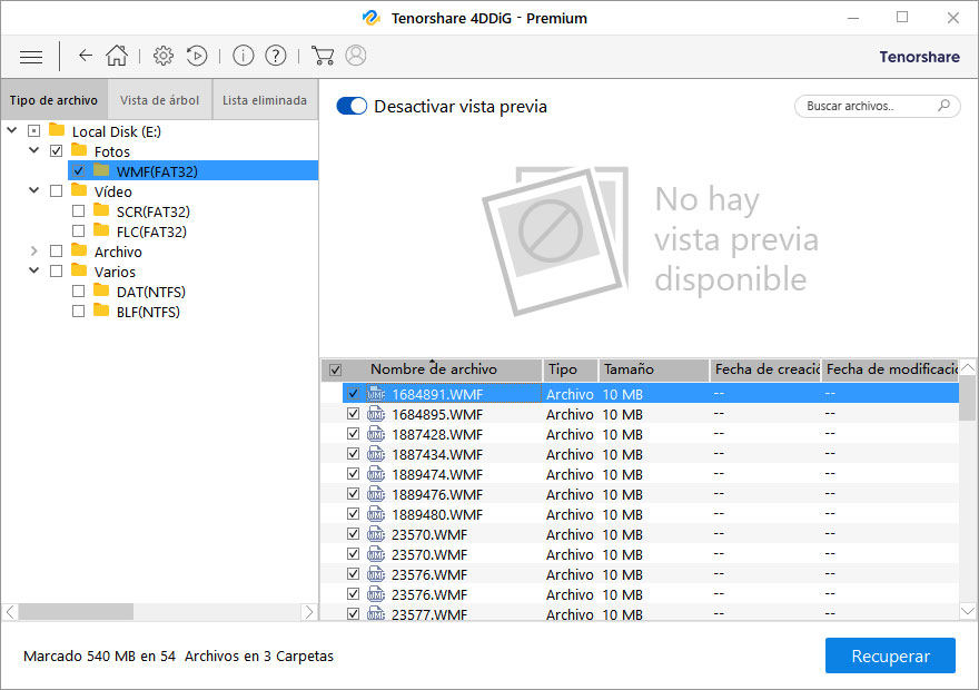 vista previa de los datos