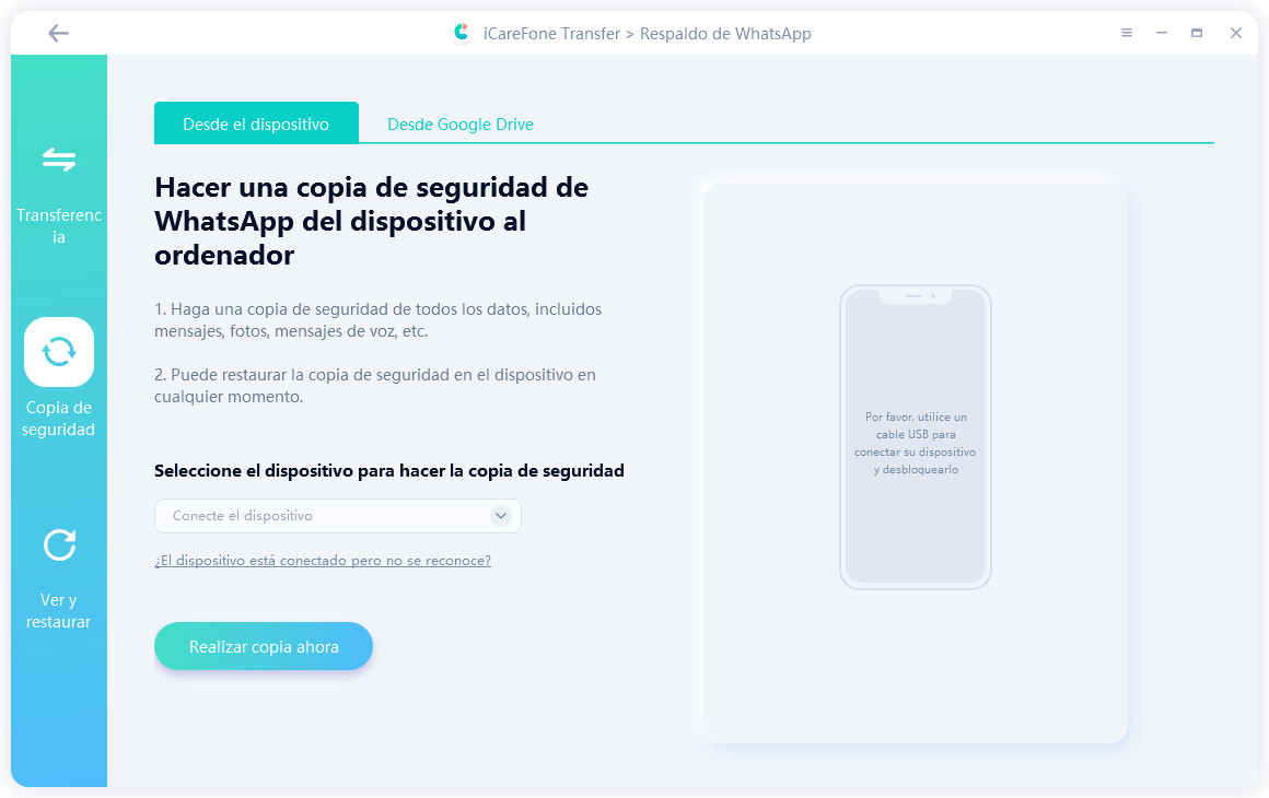 guía de transferencia de icarefone - copia de seguridad de la interfaz de whatsapp