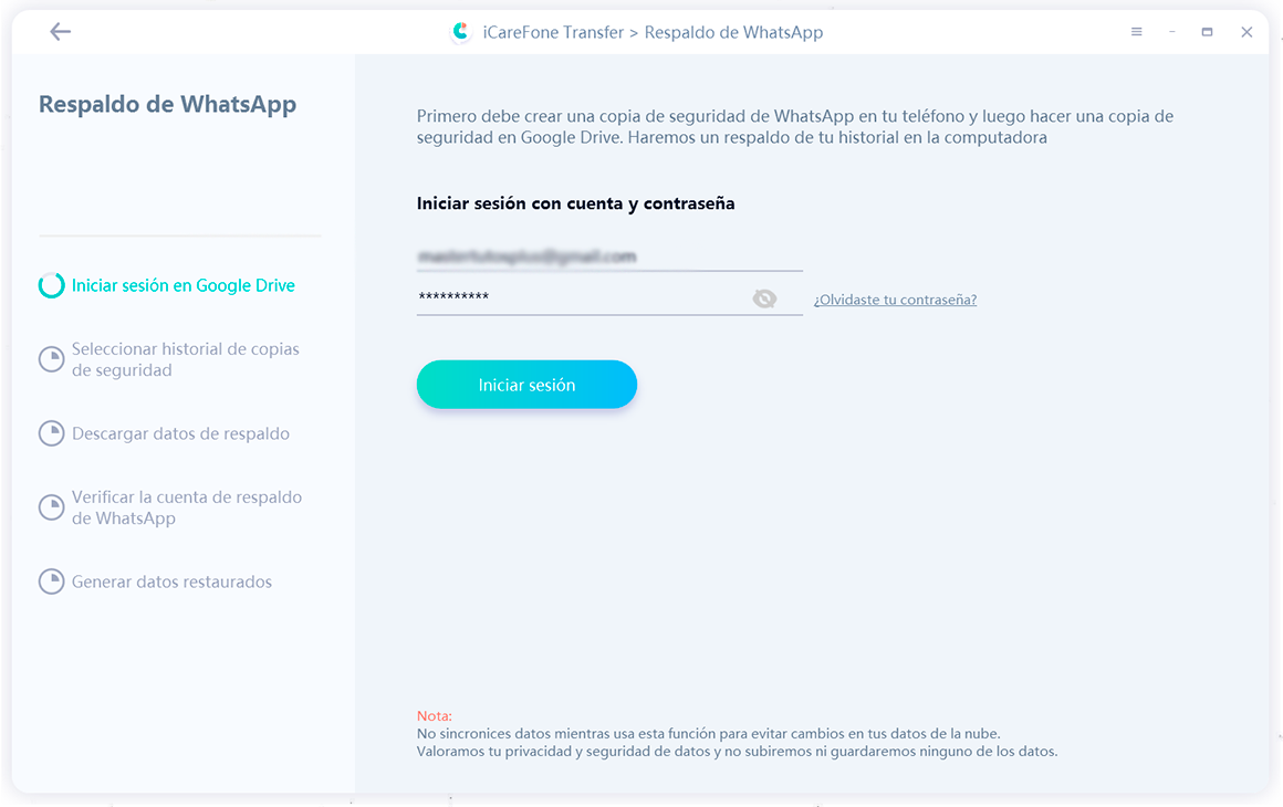 guía de transferencia de icarefone - copia de seguridad de la interfaz de whatsapp