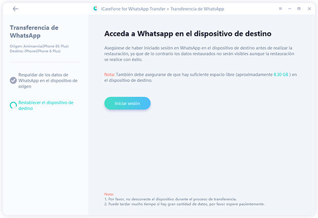 iniciar sension para acceder transferencia en icarefone-ios whatsapp transferencia