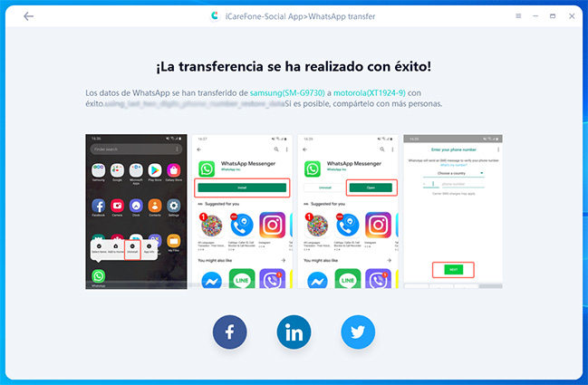 completa transferencia entre dos dispositivos por icarefone-ios whatsapp transferencia