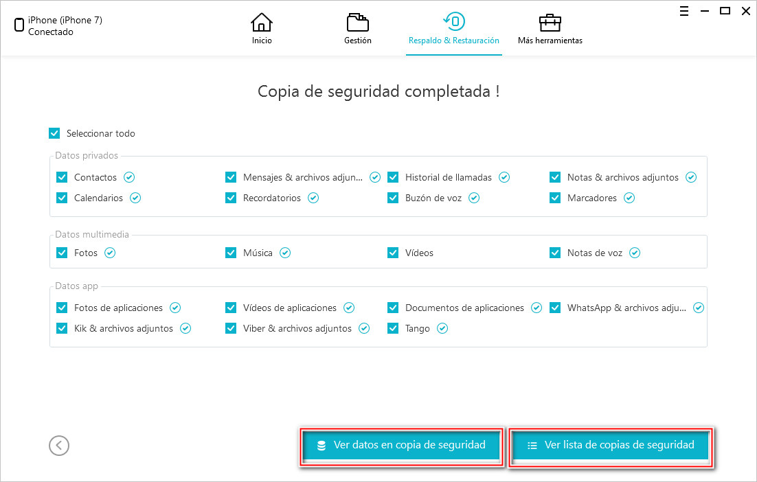 seleccionar los datos para hacer copia de seguridad con icarefone