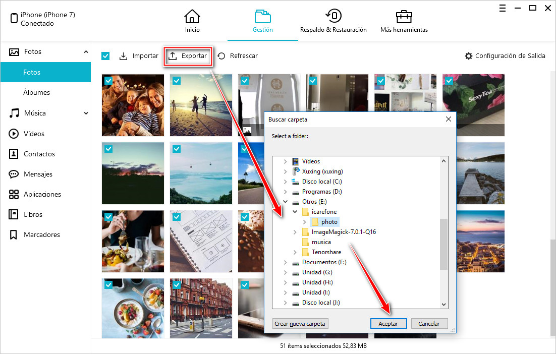 guardar los contenidos en icarefone