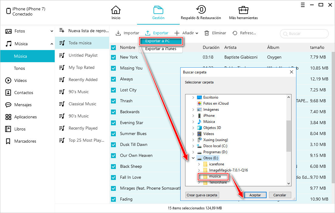 exportar musica a pc