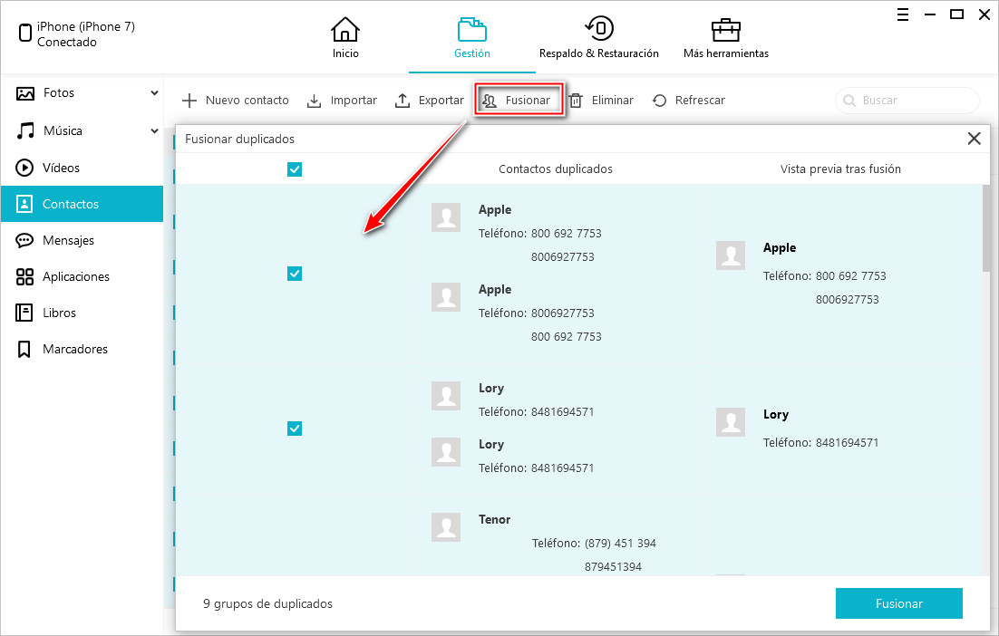 fucionar contacto duplicados
