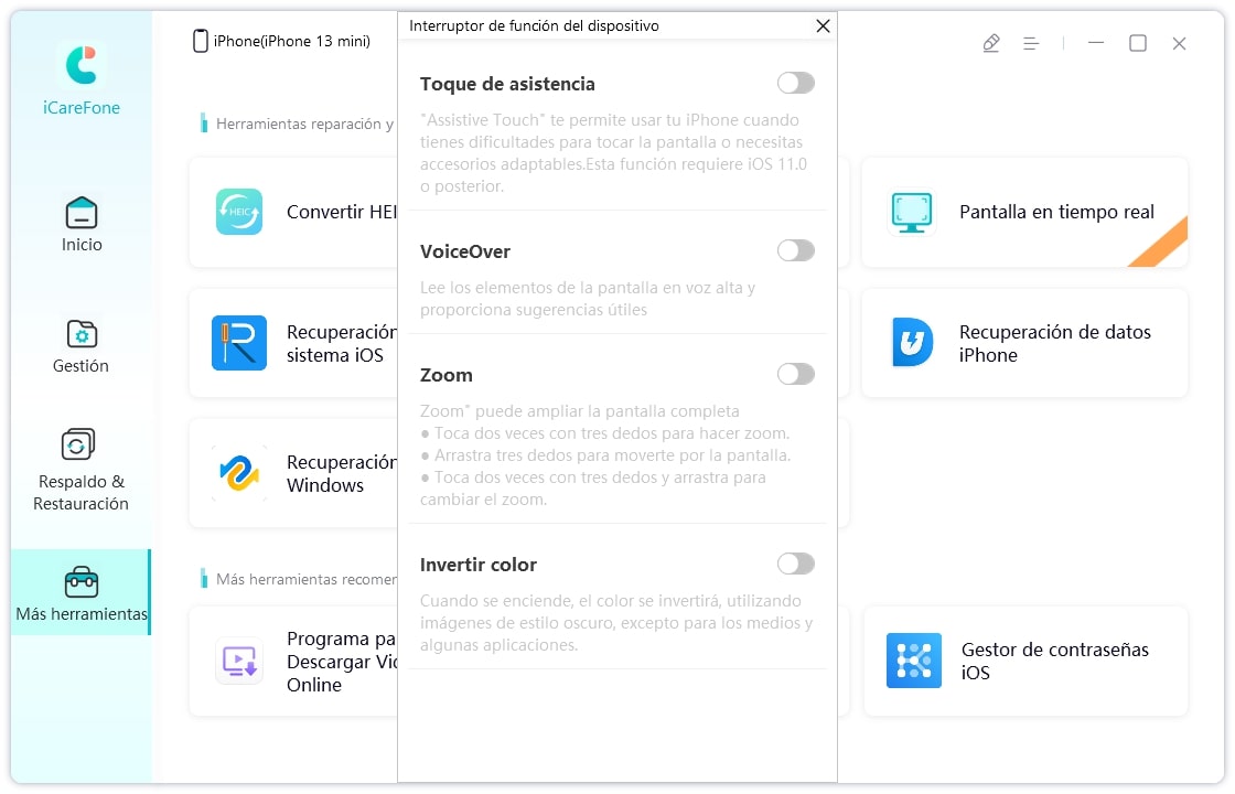 iCareFone control de accesibilidad