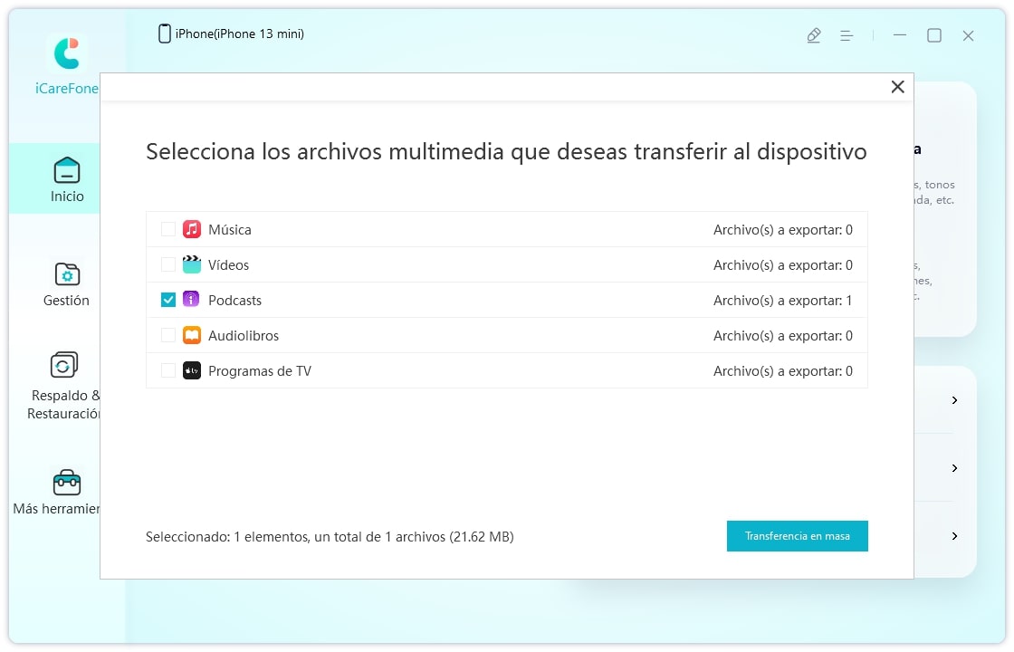 transfer device media files to itunes - icarefone guide