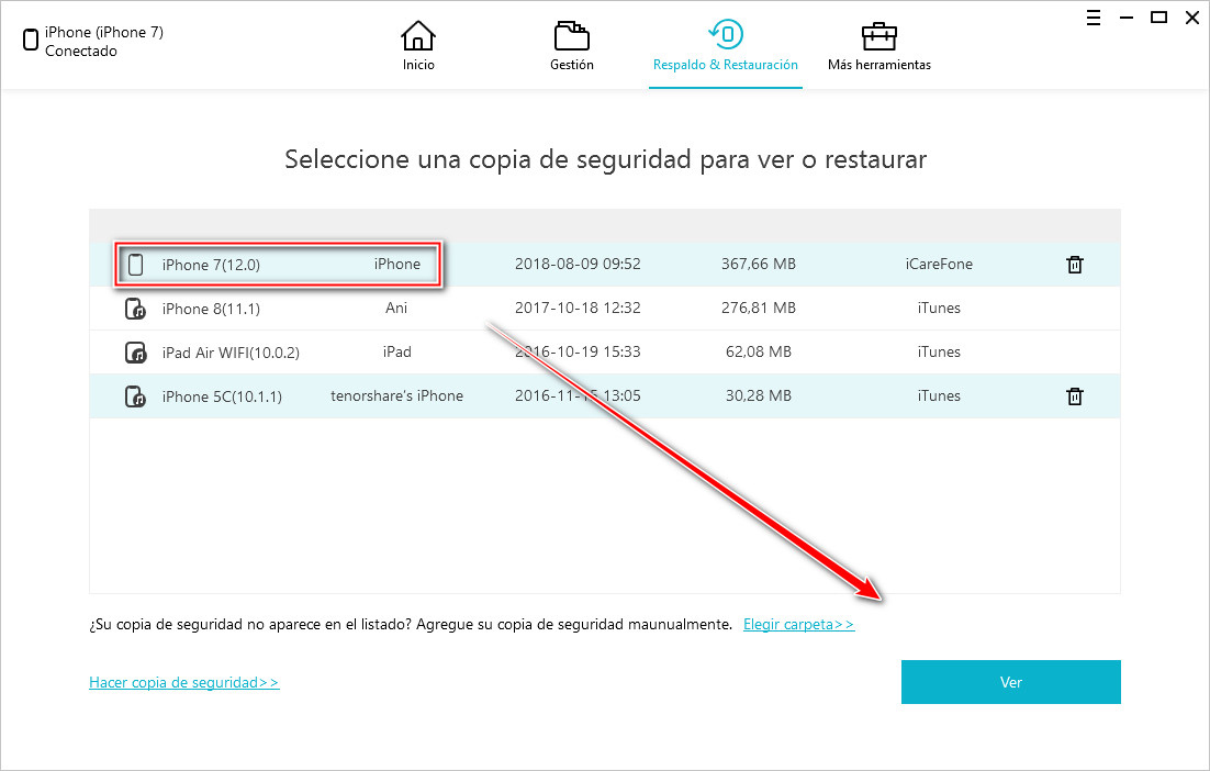 seleccionar los datos para hacer copia de seguridad con icarefone