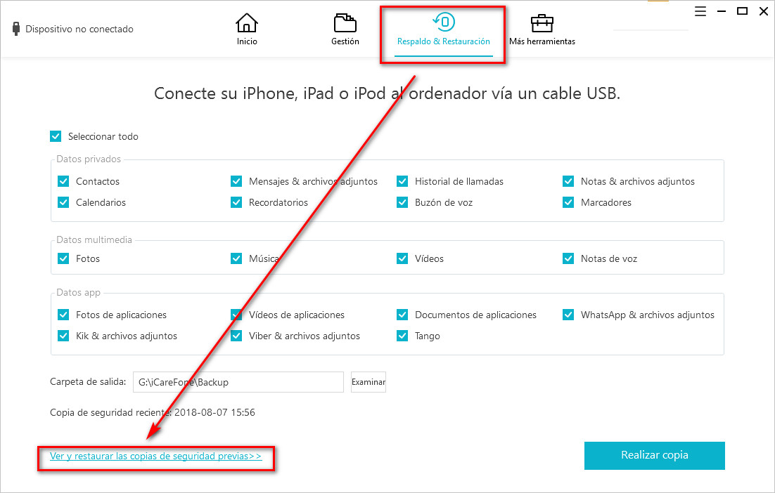 ver y restaurar las copia de seguridad