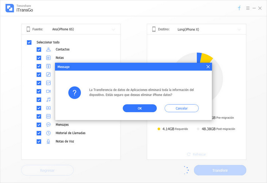 elegir datos para copiar mediante itransgo