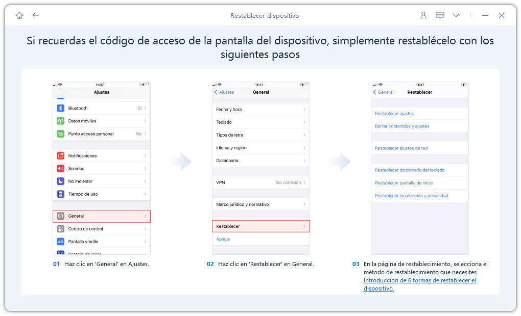 guía de 6 opciones de restablecimiento