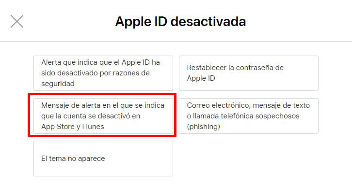 clic mensaje de alerta para recuperar id de apple