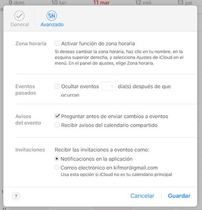 configuración avanzada de calendario en icloud