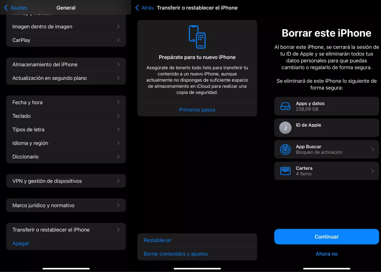 seleccione la opción borrar todo el contenido y la configuración