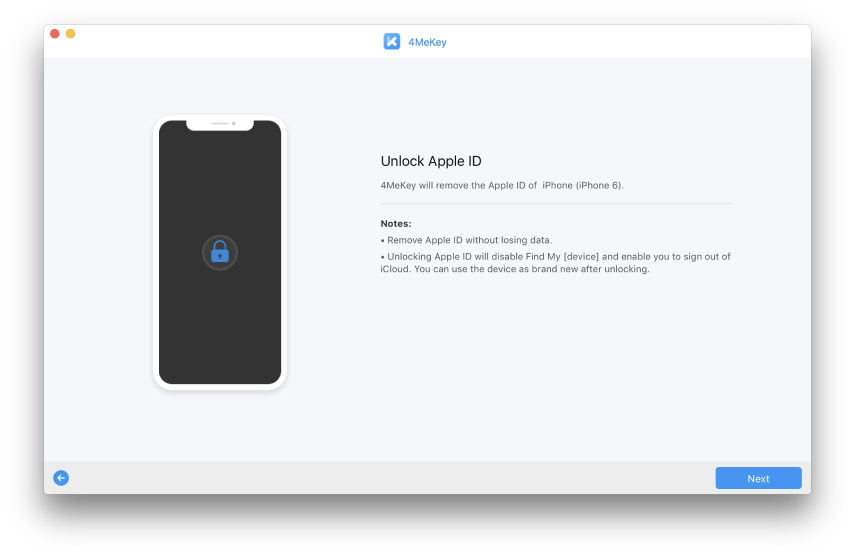 start to remove apple id - 4MeKey guide