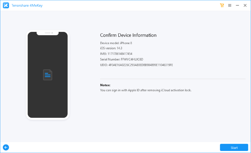 confirmar la información del dispositivo - guía 4MeKey