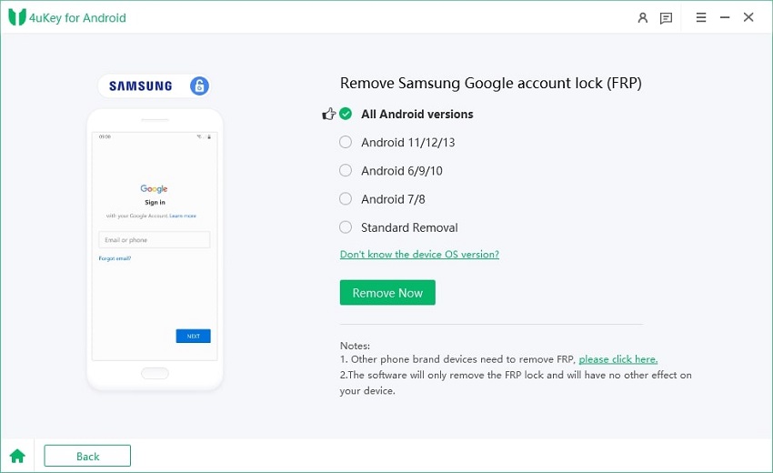 select device os version tenorshare 4ukey for android
