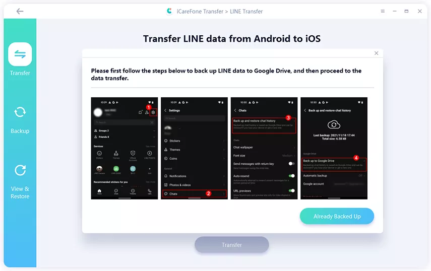 guía de transferencia de icarefone - respaldar line en google drive