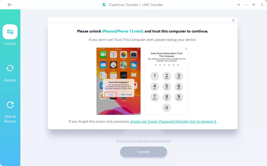 guía de transferencia de icarefone - desbloquear iphone para confiar en pc