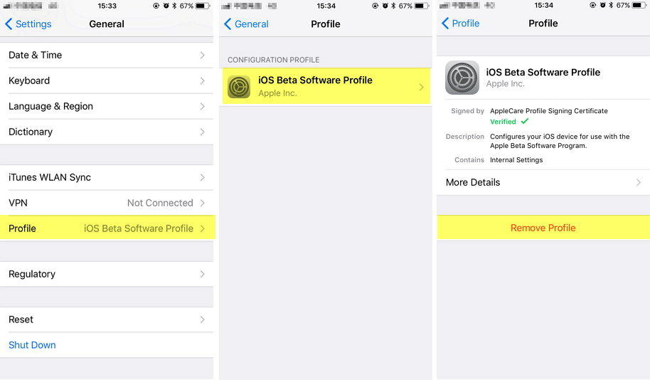 eliminar perfil beta de ios