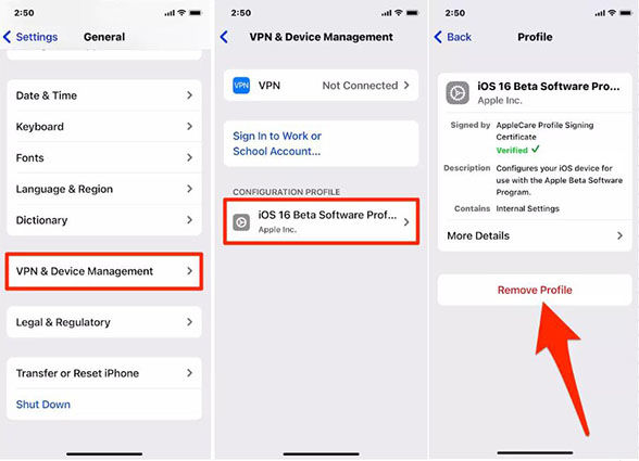 remove ios 16 beta software profile