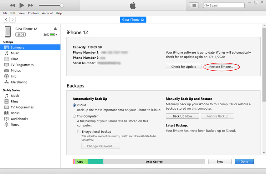 restaurar iPhone en itunes