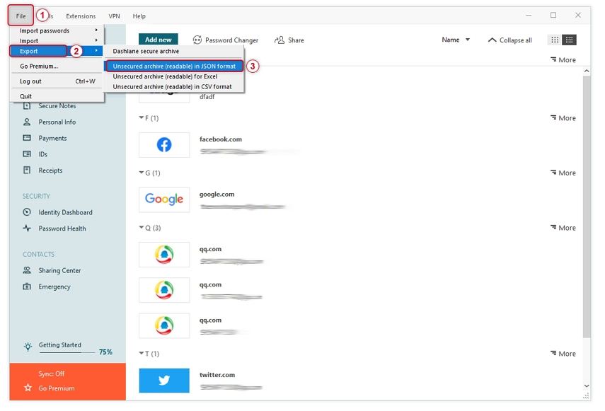 exportar contraseñas de dashlane