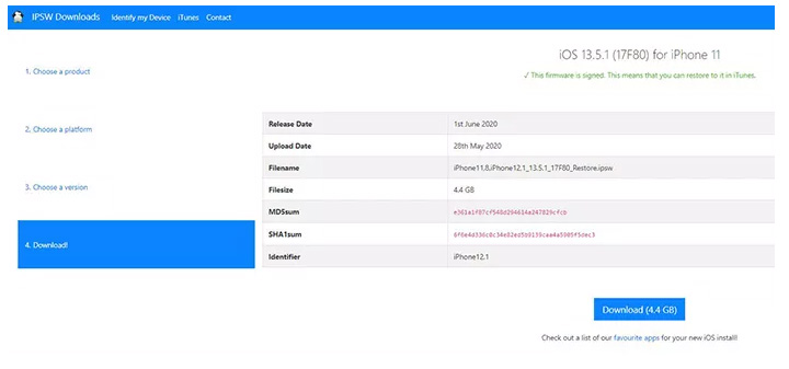 descargar el archivo ipsw ios 13.5.1