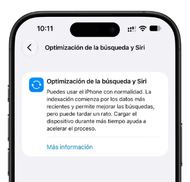 aviso Optimizando búsqueda y Siri después de instalar iOS 27