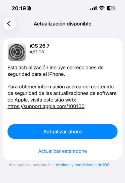 La descarga de iOS 26.7 ocupa demasiado espacio
