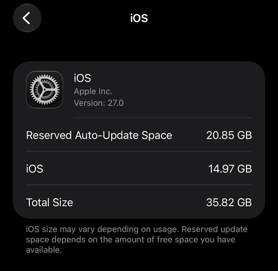 ios 26 beta update 16gb required