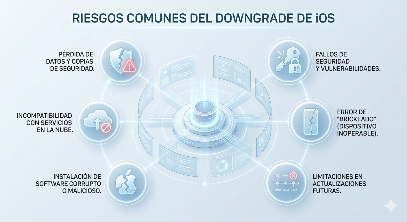 Infografía sobre los riesgos comunes del downgrade de iOS