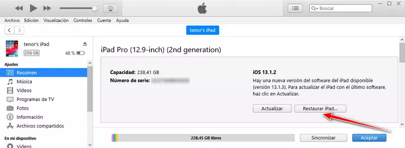 restaurar ipad con itunes