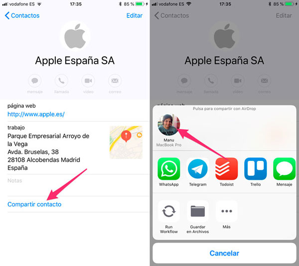 compartir contctos por bluetooth