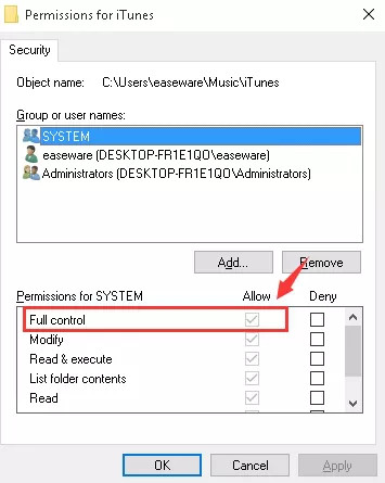  permitir control total para itunes