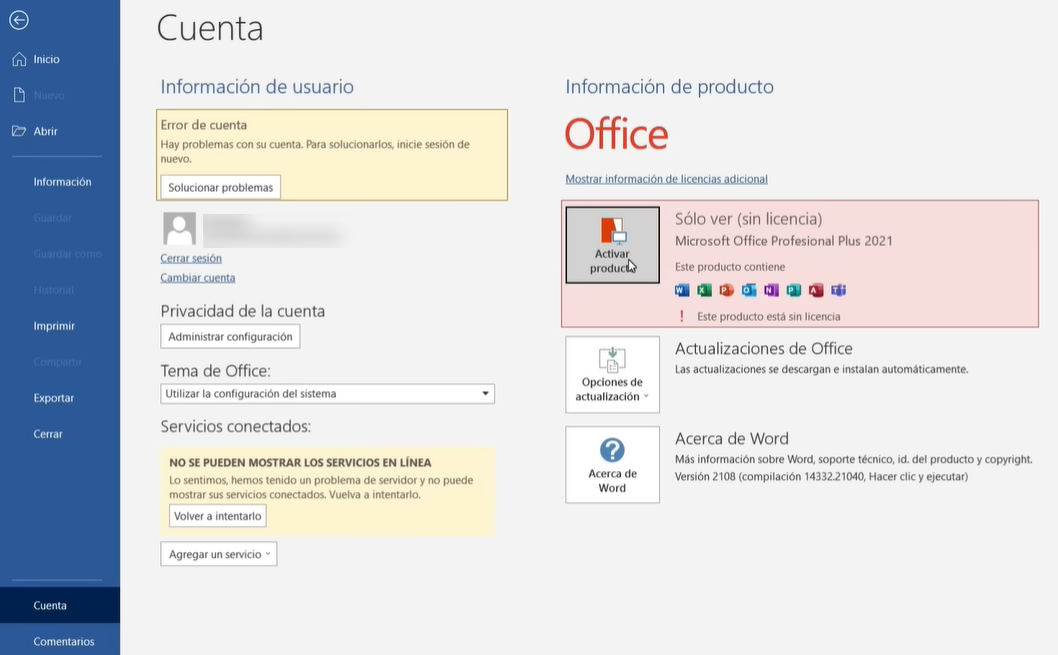 comprobar la activación y el estado de la licencia de office