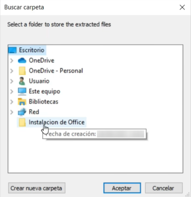crear carpeta de instalación office