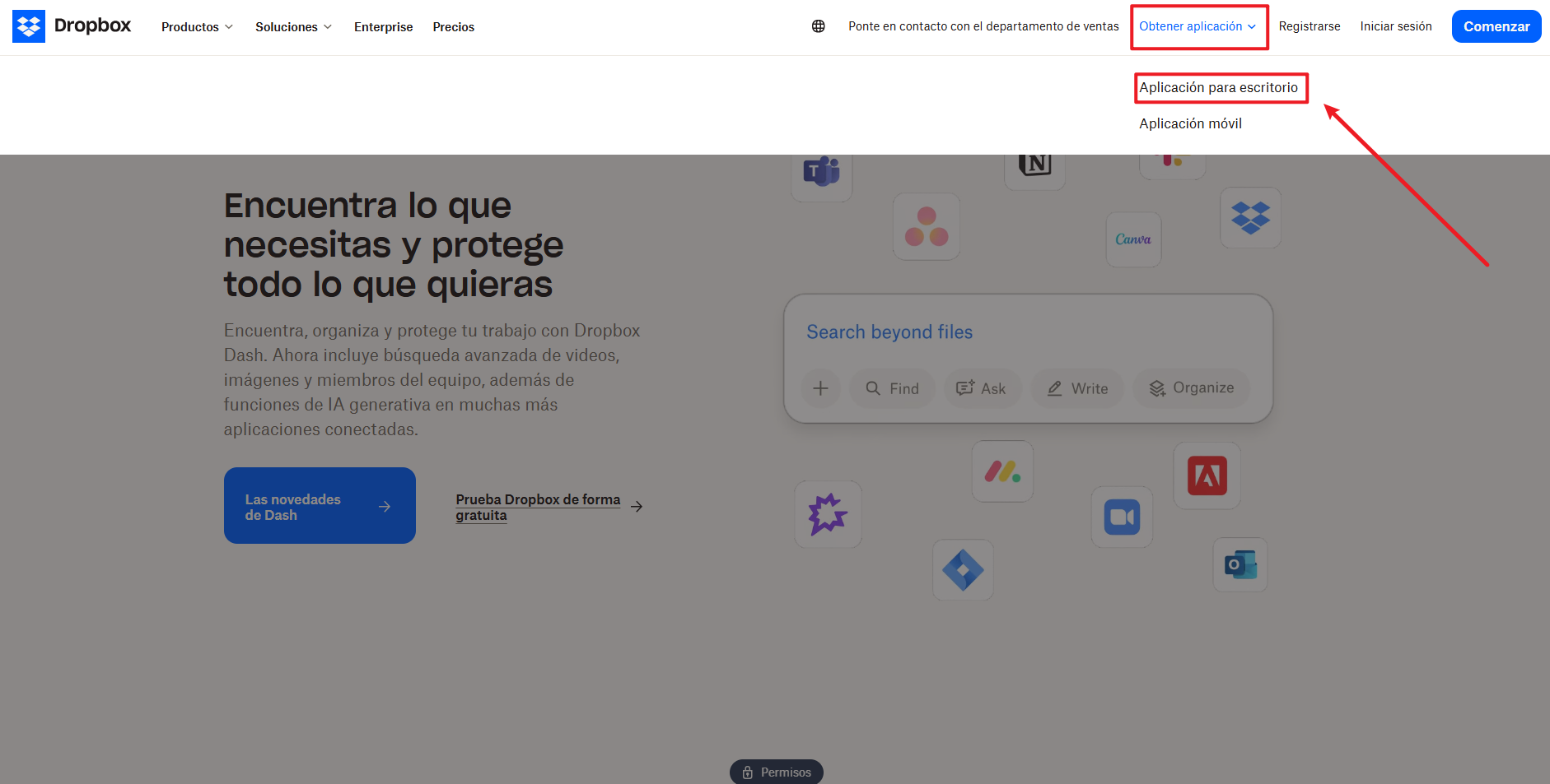 selecciona aplicacion para escritorio para descargar dropbox en pc