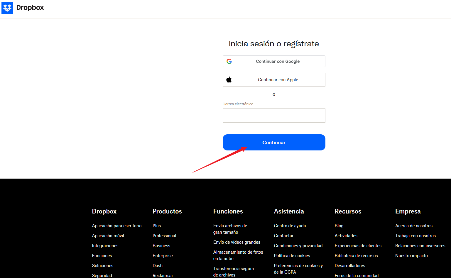 dropbox iniciar sesion paso 2