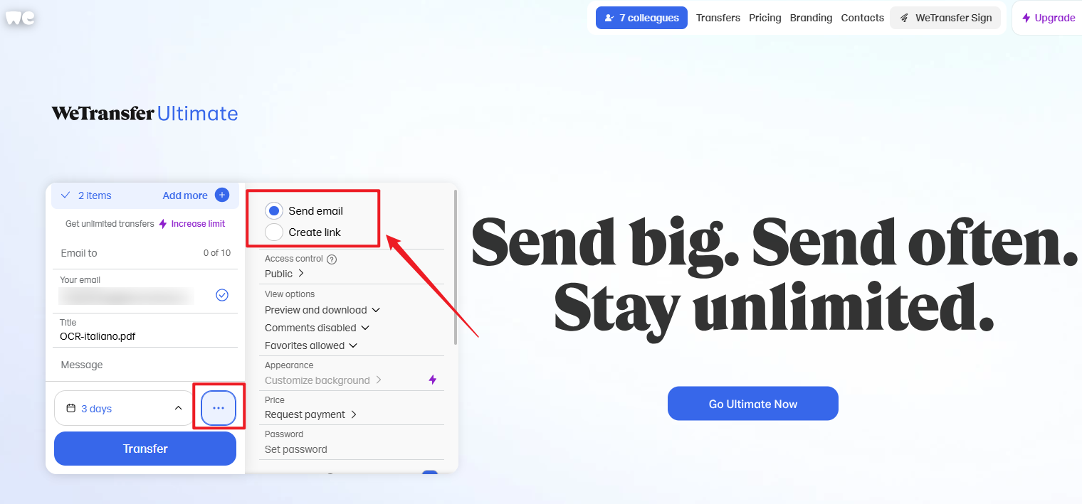 Elige cómo quieres compartir tu archivo por WeTransfer